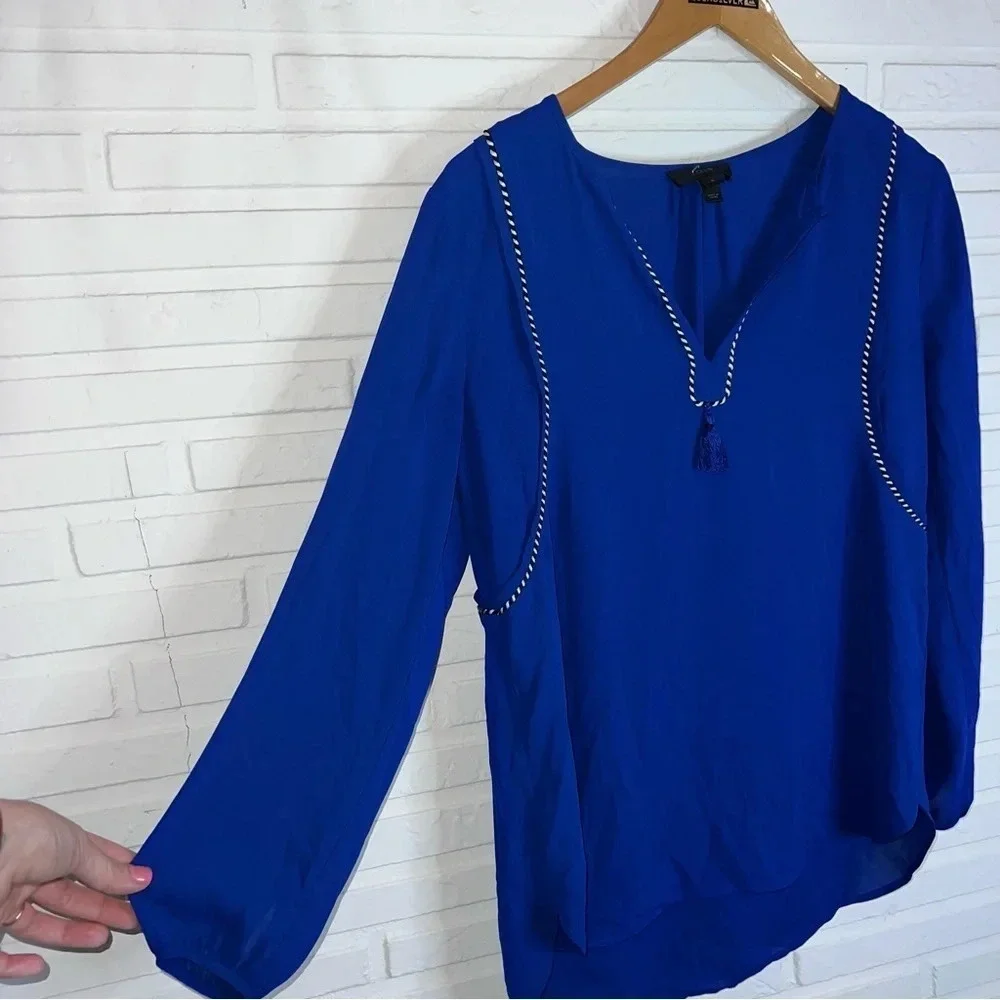 J. Crew Blue Tassel Trim V-Neck Long Sleeve Blouse, Women’s Size 0